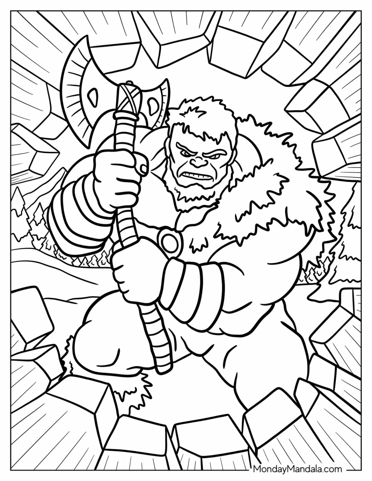 Hulk Coloring Page Wearing A Furry Cape And Holding An Axe coloring page — printable line art