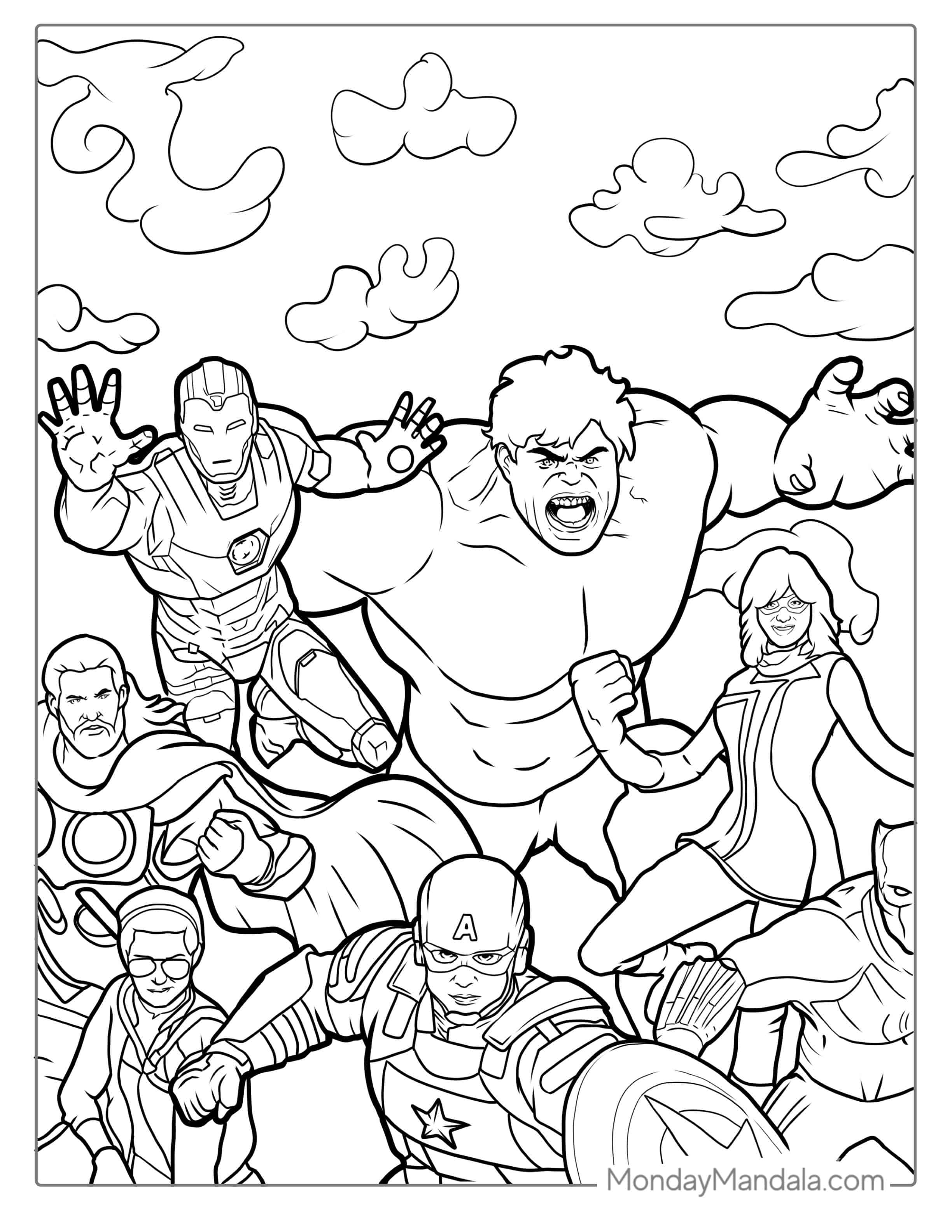 Hulk With The Avengers Coloring Sheet coloring page — printable line art