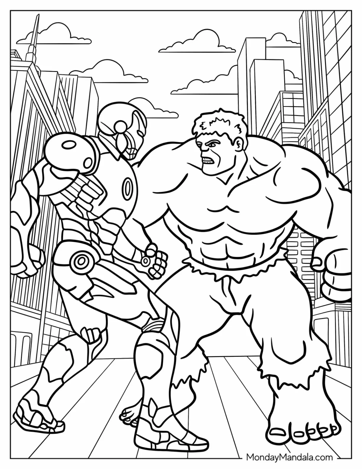 Iron Man Standing Beside Hulk Coloring Page In The City coloring page — printable line art