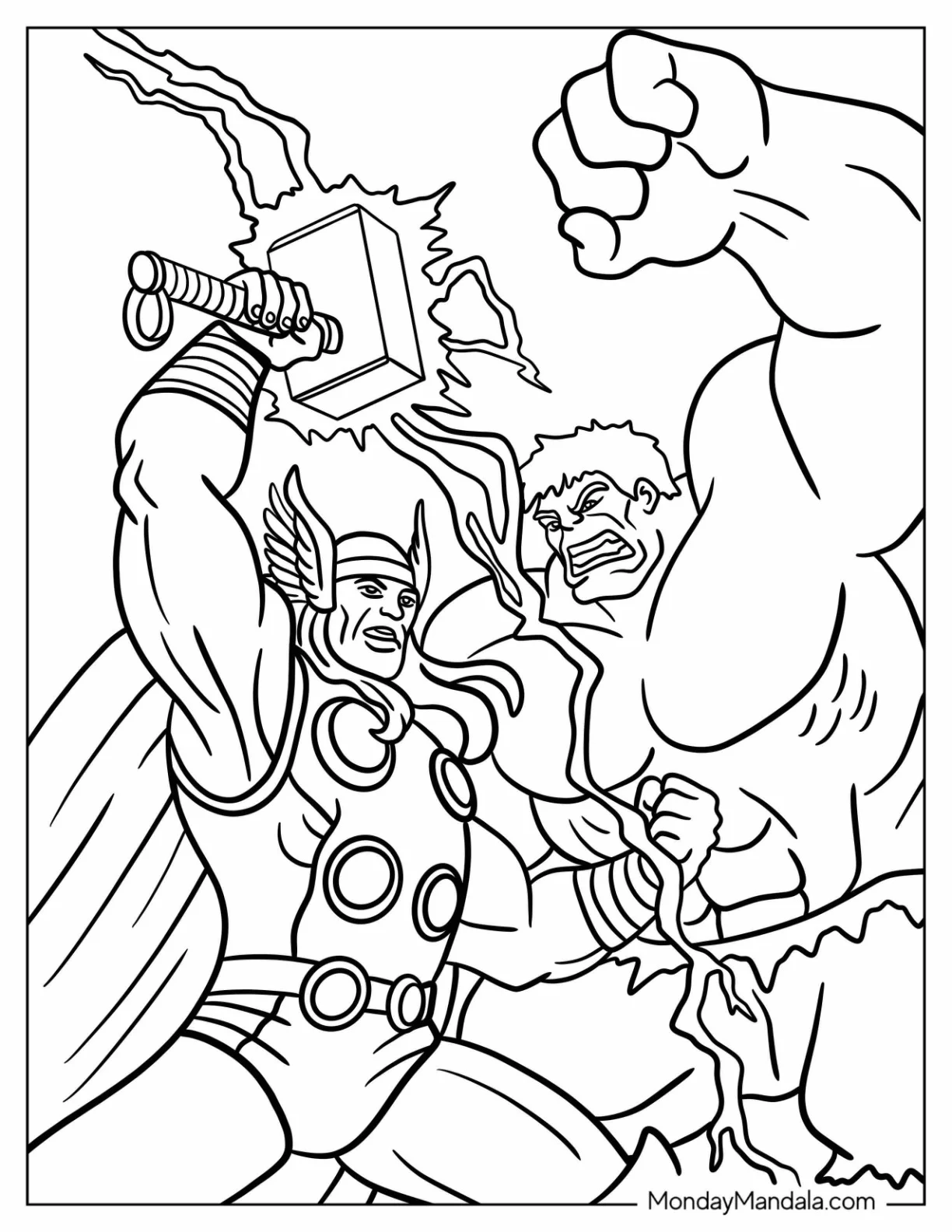 Marvel Comics Hulk Coloring Page With Thor In Battle coloring page — printable line art