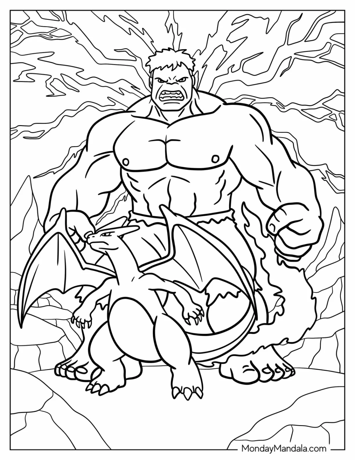 Powerful Hulk Coloring Page Standing Behind Charizard coloring page — printable line art