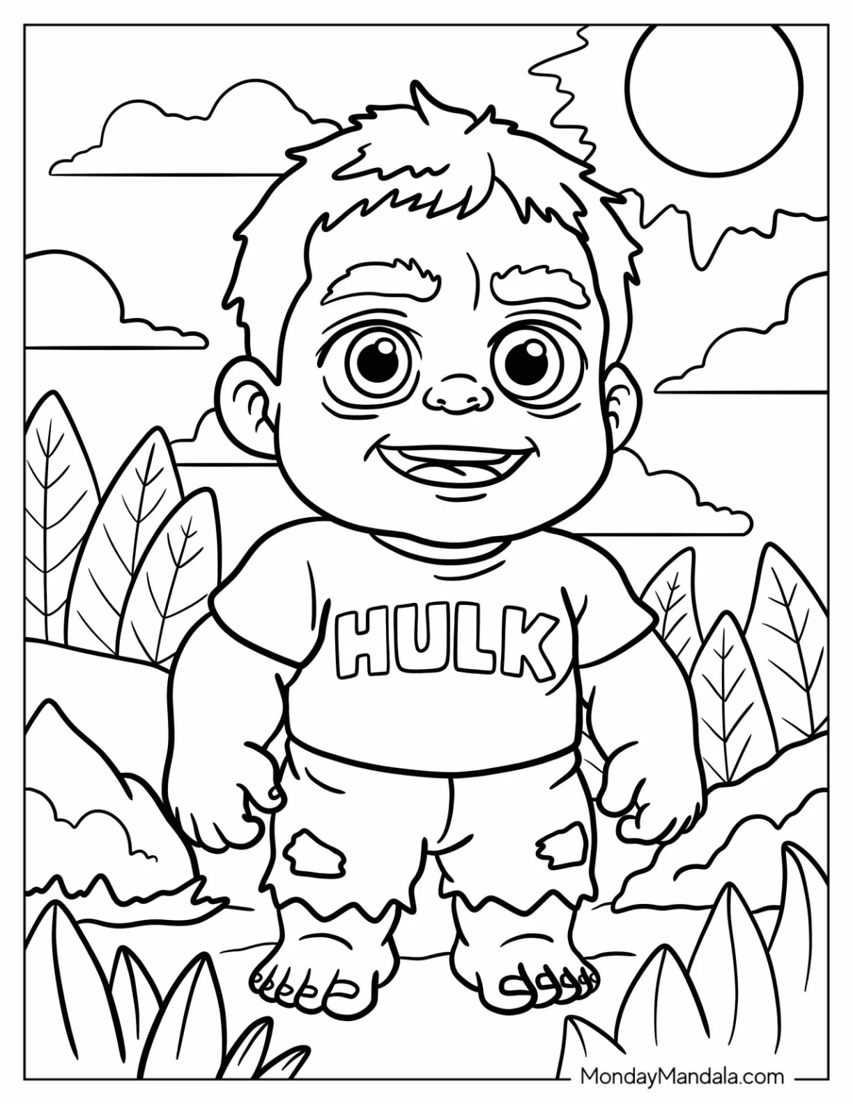 Smiling Chibi Hulk Coloring Page Under The Sun For Kids coloring page