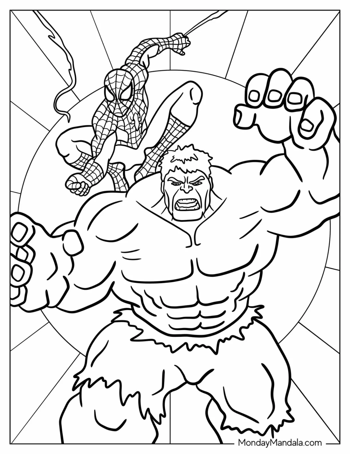 Spider Man Fighting Alongside Hulk Coloring Page For Kids coloring page