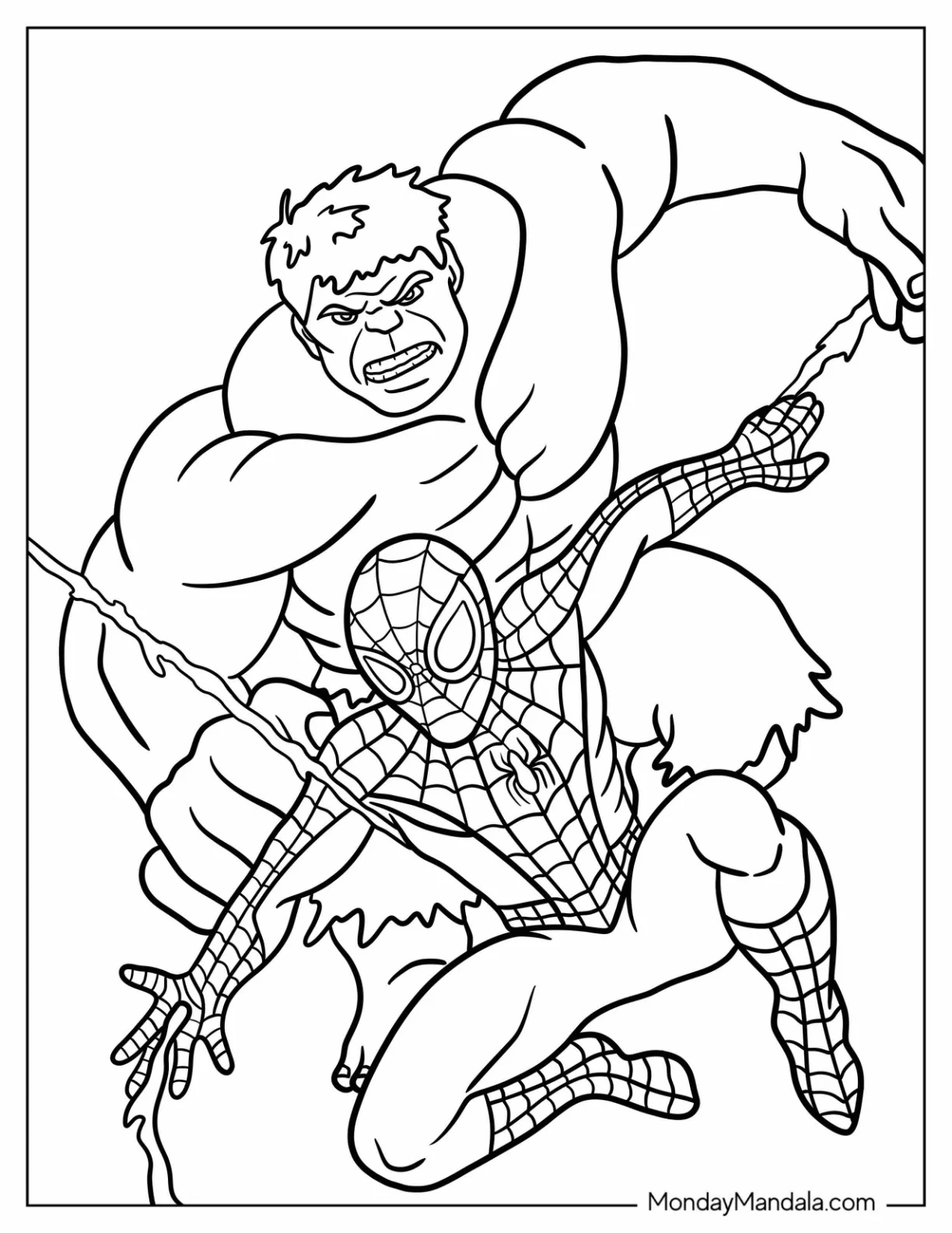 The Hulk Coloring Page Behind Spider Man For Kids coloring page — printable line art