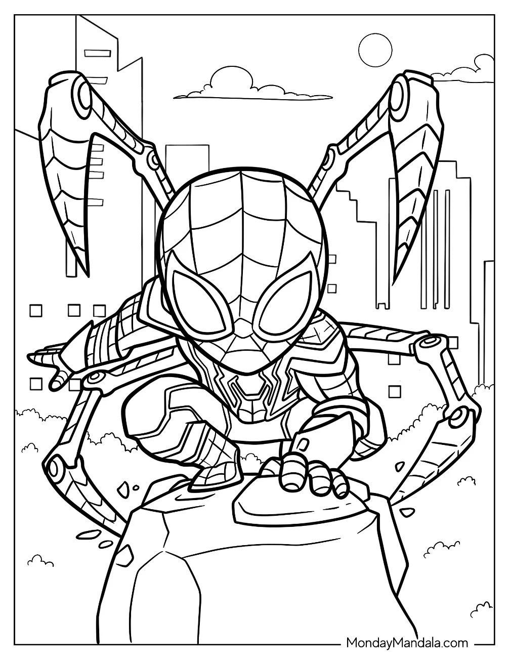 Chibi Iron Spider-Man Coloring Page On Top Of Rock For Kids coloring page
