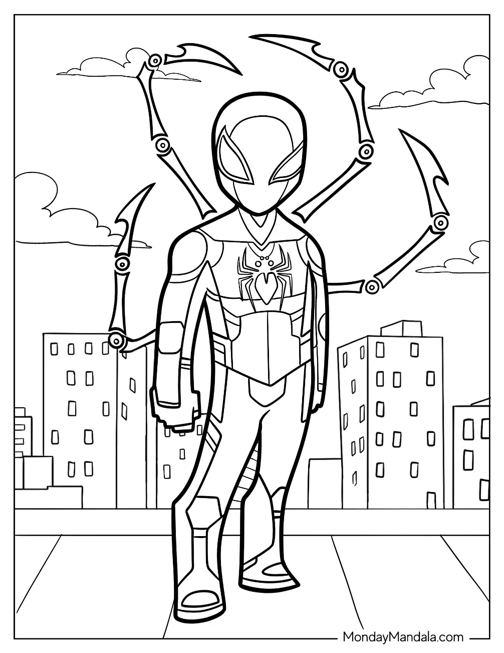 Cute Iron Spider-Man Coloring Page On Rooftop coloring page