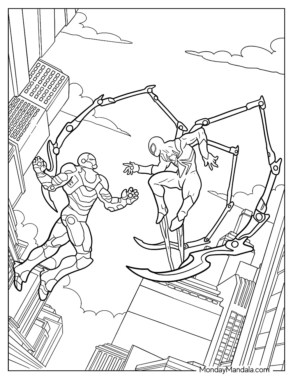 Iron Man Fighting Iron Spider-Man Coloring Page In The City coloring page