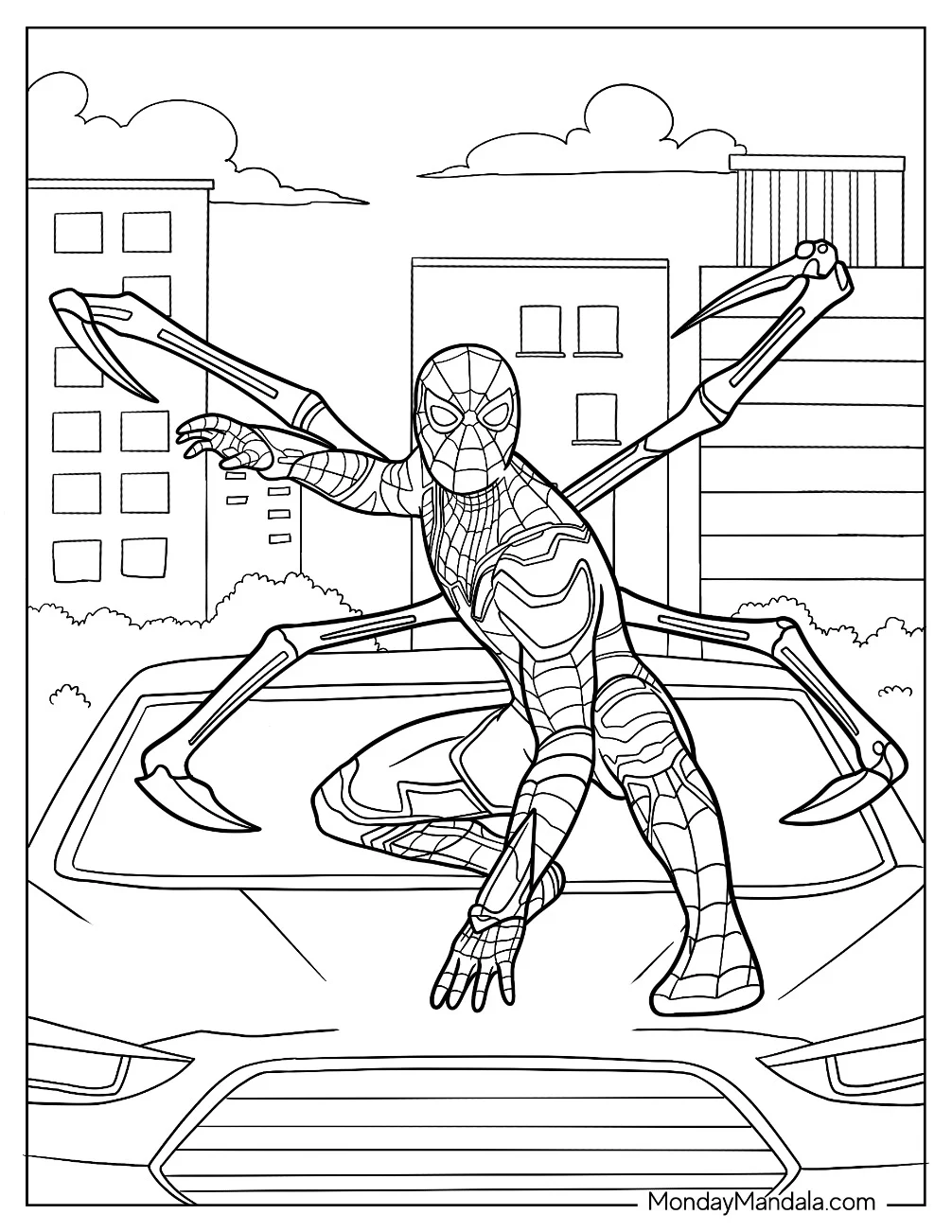 Iron Spider-Man Coloring Page Crouched On Top Of A Car coloring page
