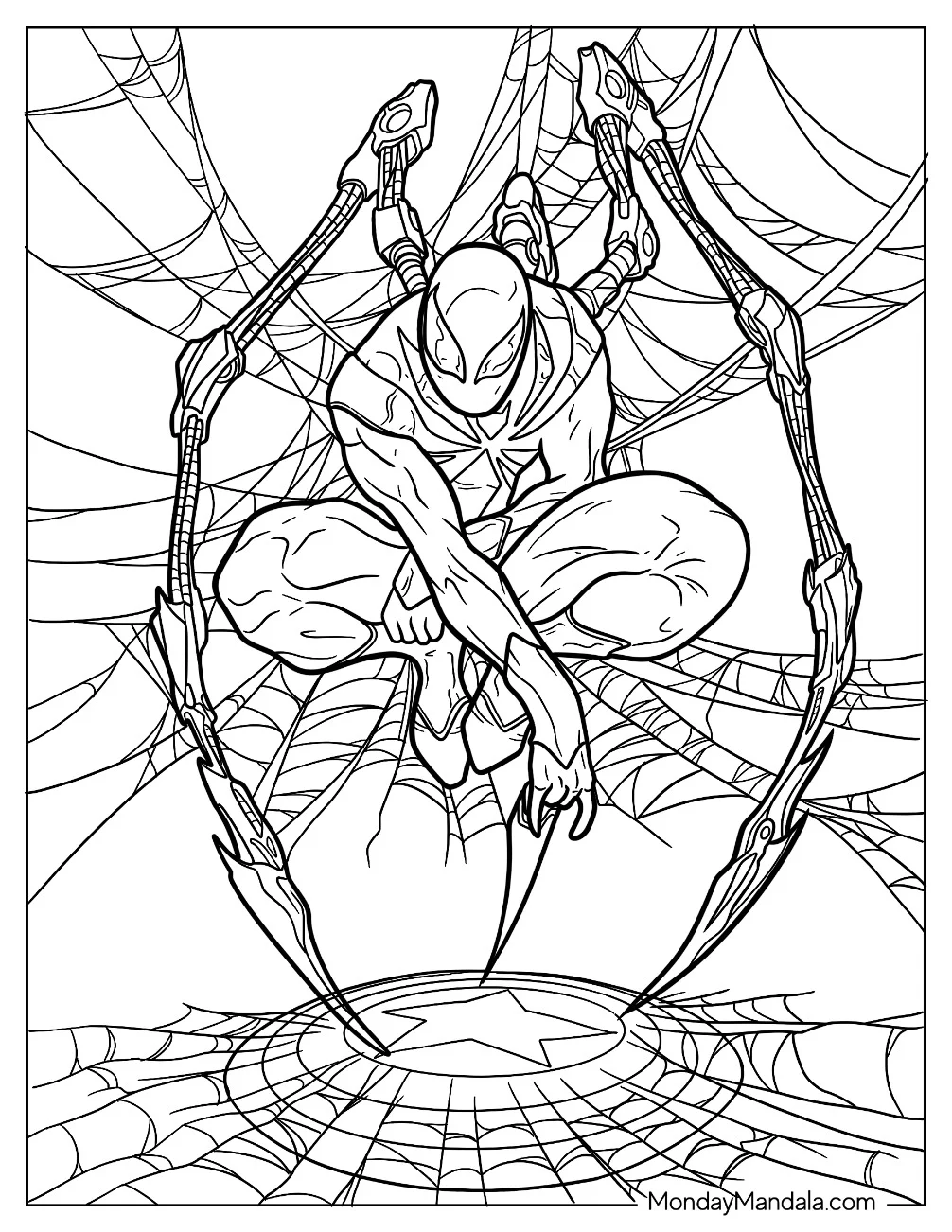 Iron Spider-Man Coloring Page In The Middle Of A Web With Captain America Shield coloring page