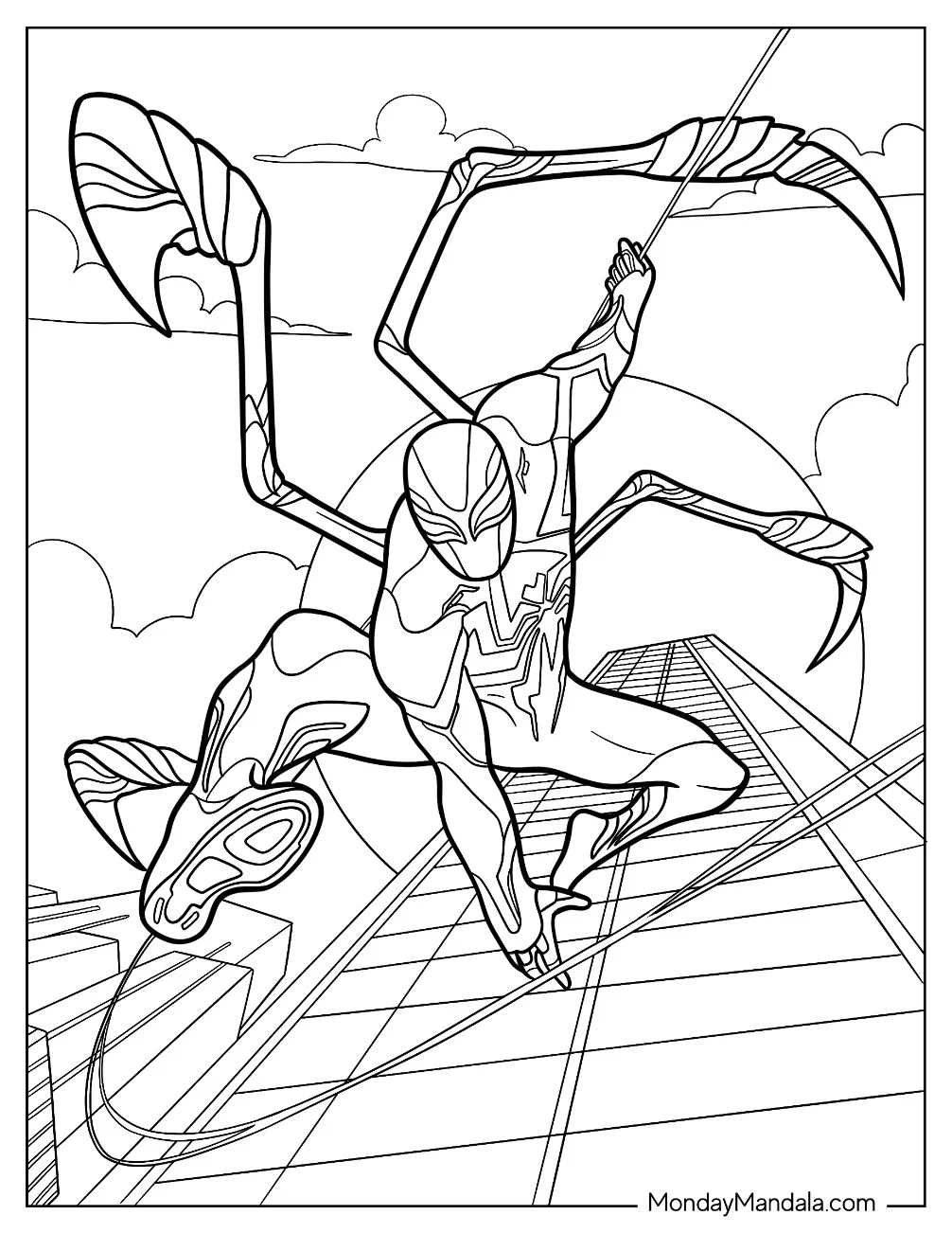 Iron Spider-Man Coloring Page Leaping From Building coloring page