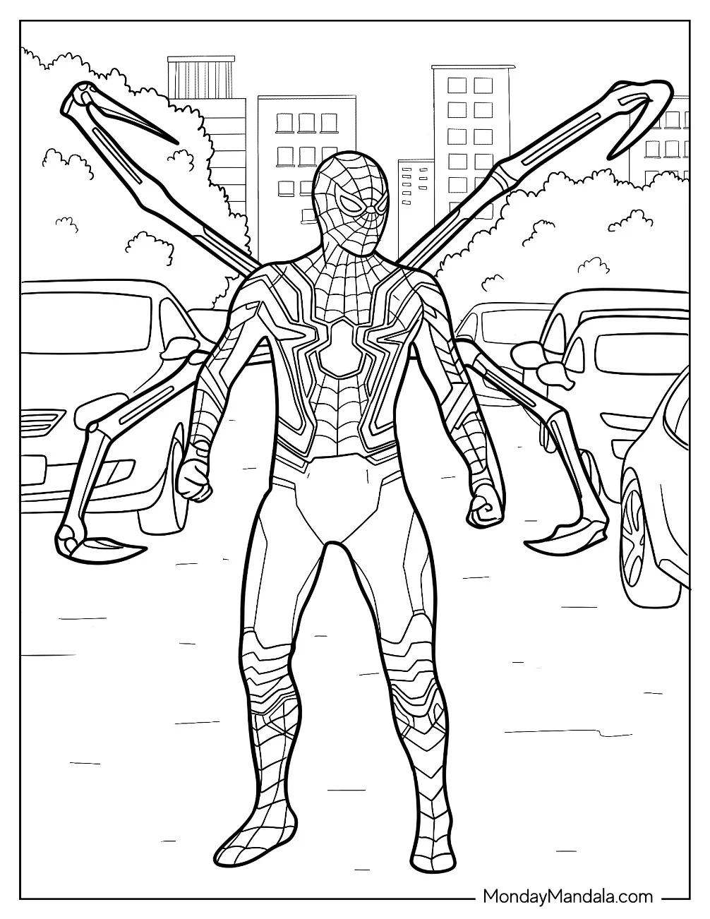 Realistic IIron Spider-Man Coloring Page Surrounded By Cars coloring page
