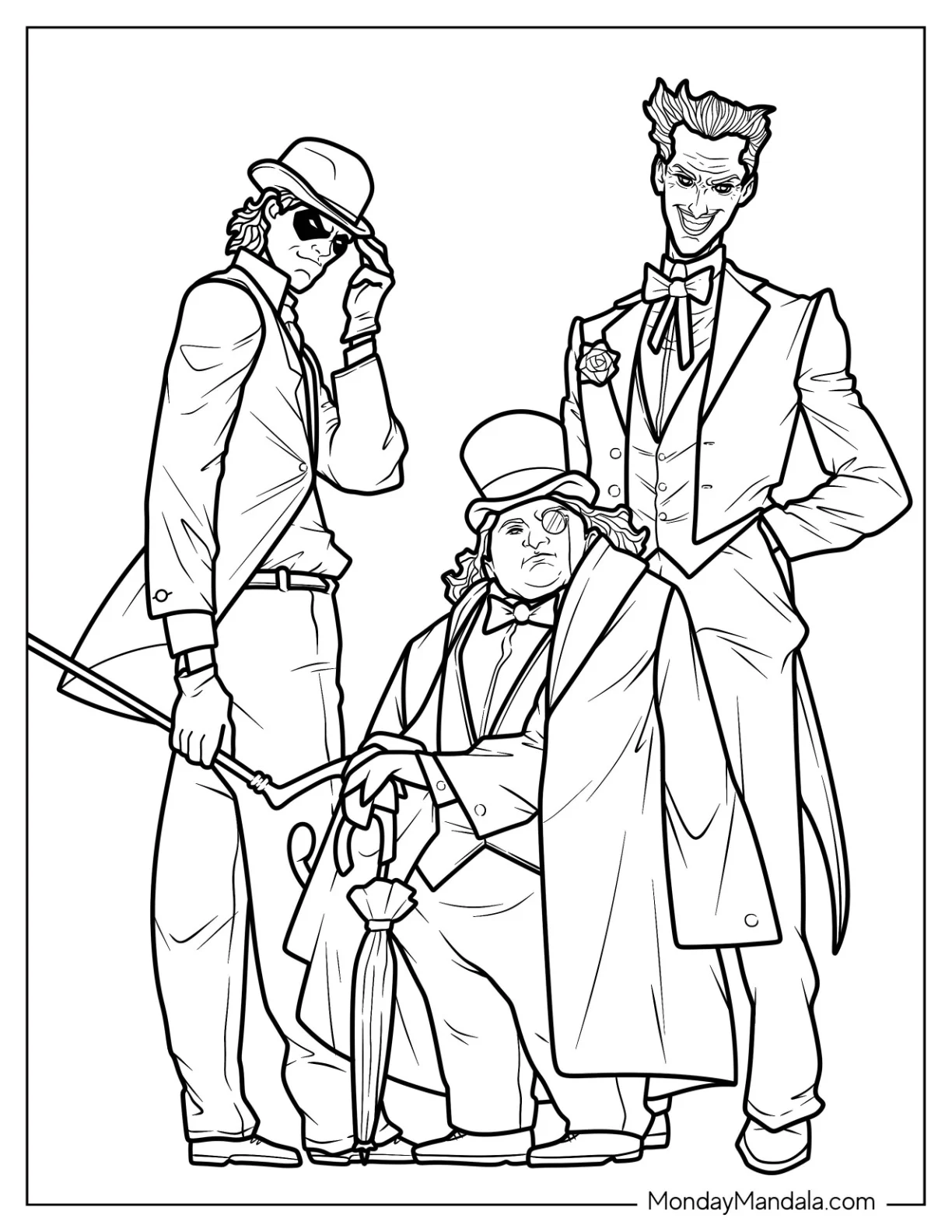 Joker Coloring Page With Penguin And Riddler coloring page — printable line art