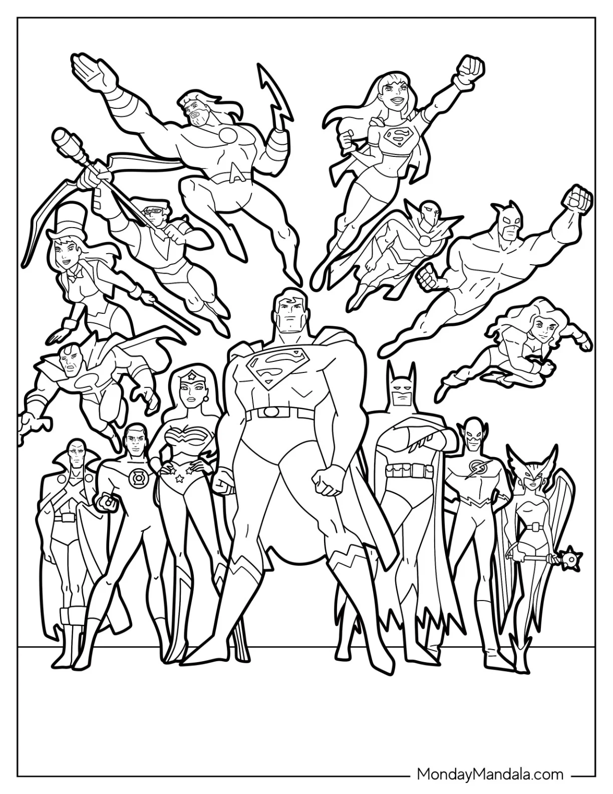 Cartoon Justice League Coloring Page With Major And Minor Characters coloring page