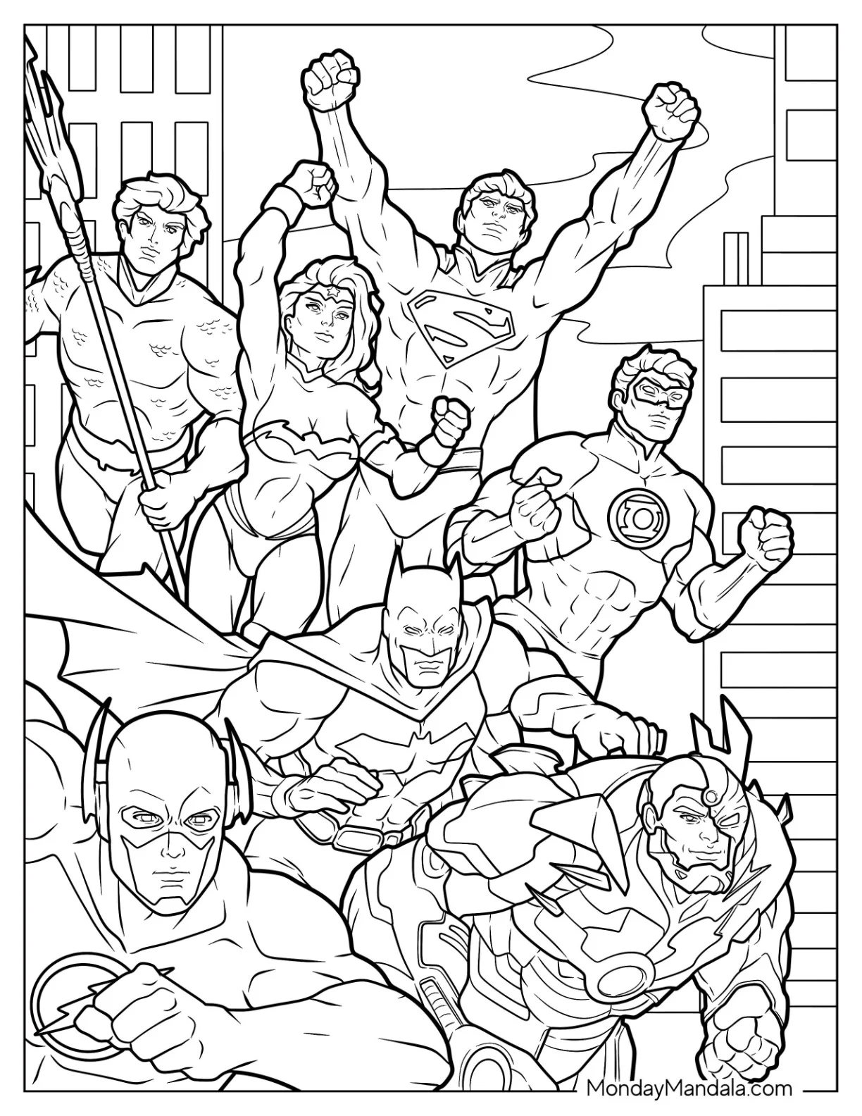 Justice League Coloring Page Flying In The City coloring page