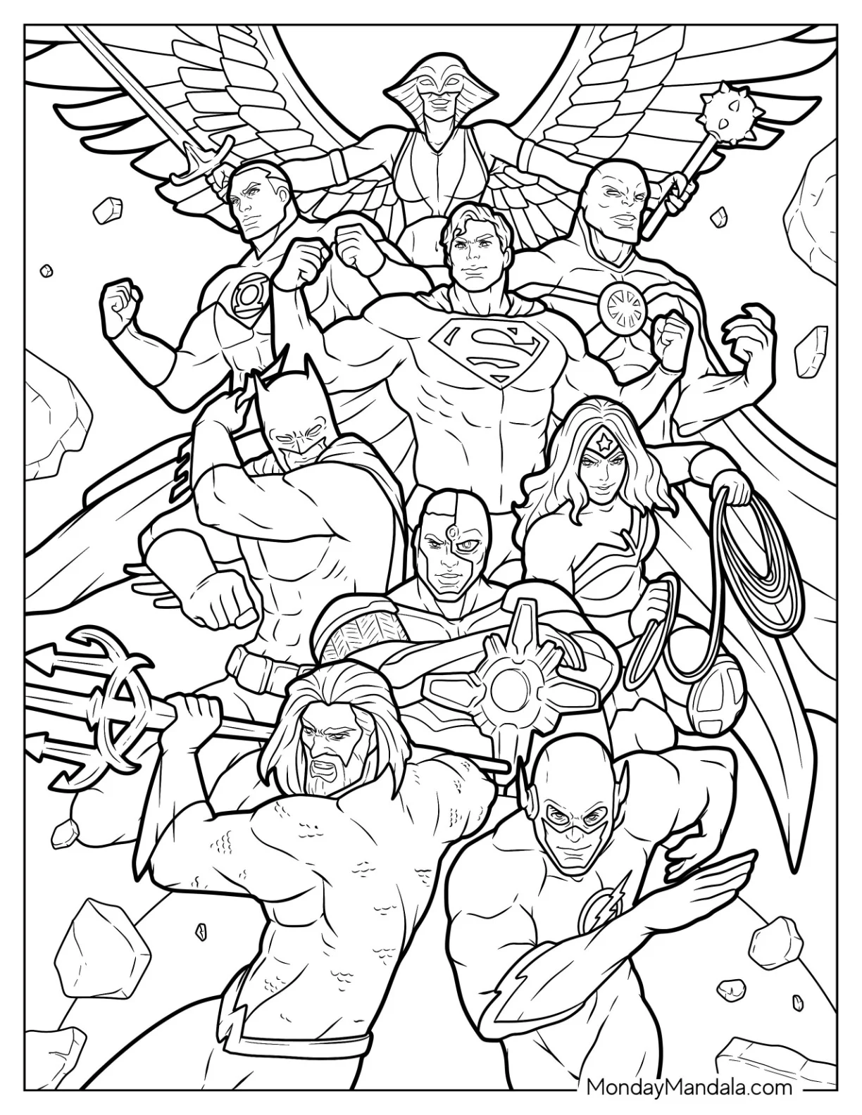 Justice League Coloring Page In Fighting Mode coloring page — printable line art