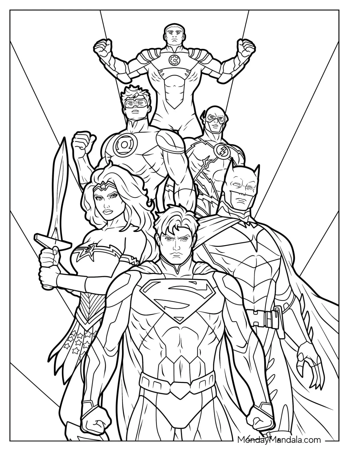 Justice League Coloring Page Of Cyborg, Green Lantern, Flash, Wonder Woman, Batman, And Superman coloring page