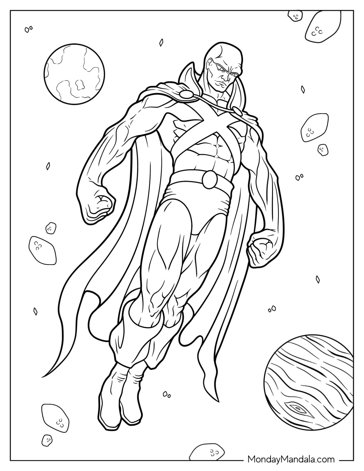 Justice League Coloring Page Of Martian Manhunter Floating In The Galaxy coloring page — printable line art