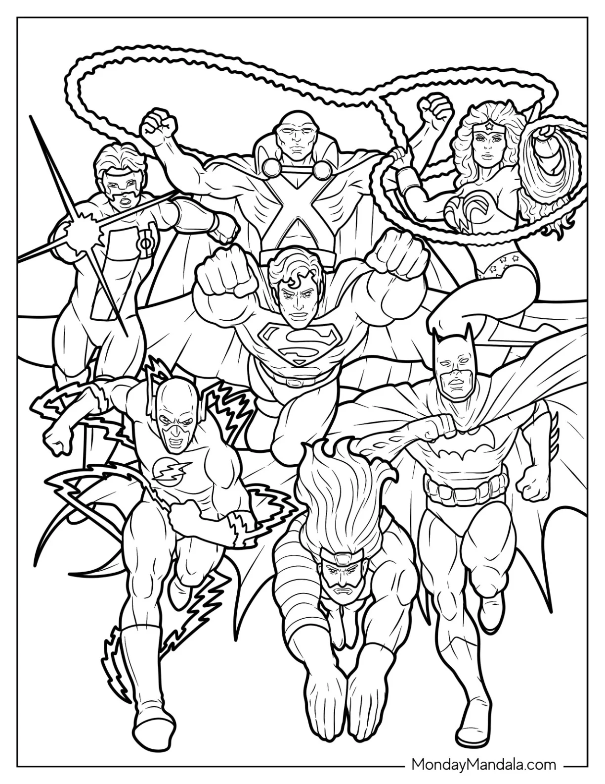 Justice League Coloring Page Of Martian Manhunter, Superman, Green Lantern, Wonder Woman, Batman, Aquaman, And The Flash coloring page — printable line art