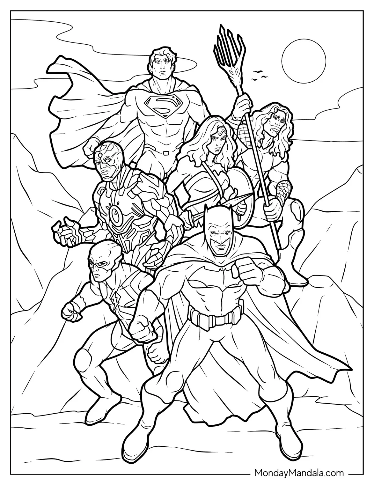 Justice League Coloring Page Of Realistic Superman, Cyborg, Wonder Woman, Aquaman, Flash, And Batman coloring page