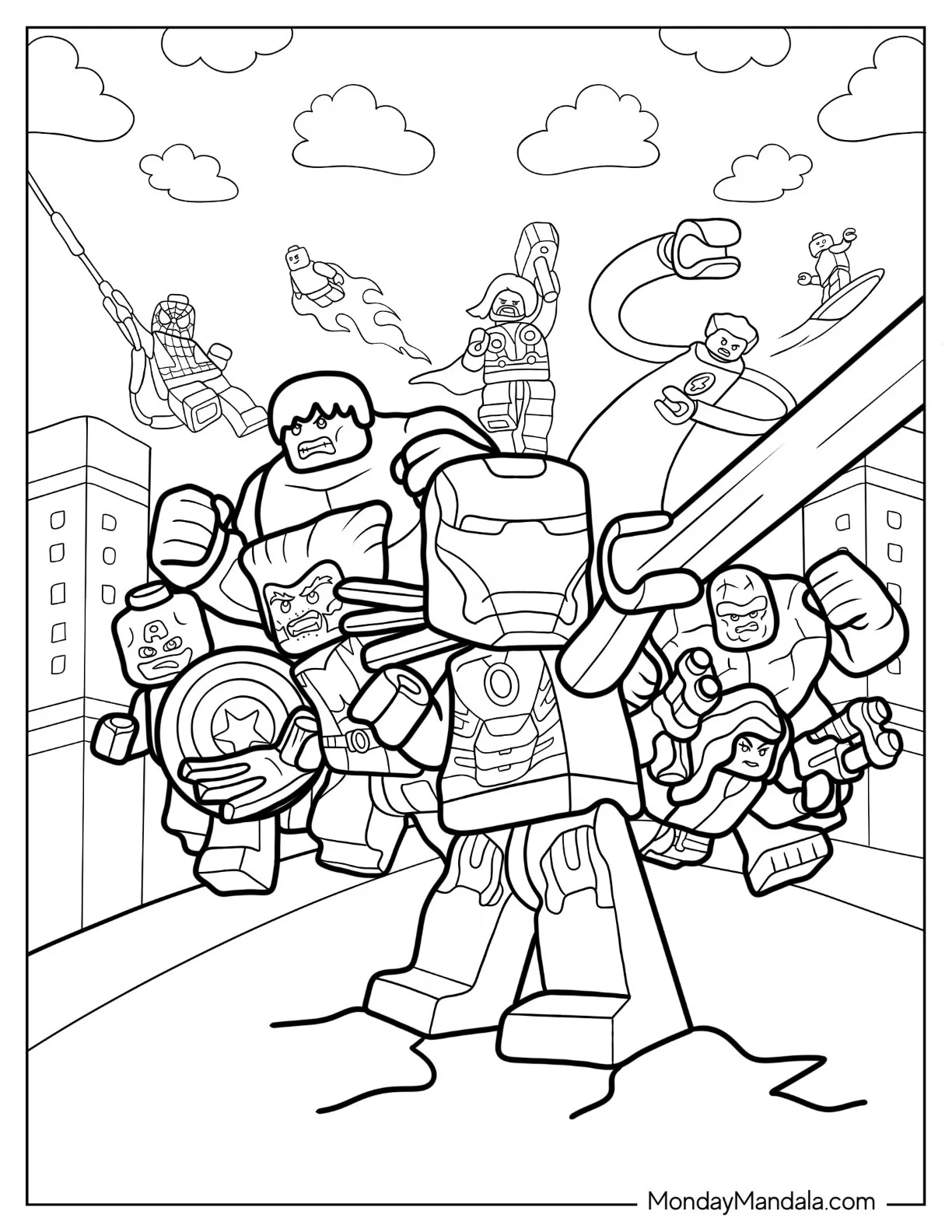 Detailed Lego Avengers Coloring Page Of Fighting Villains In City coloring page — printable line art