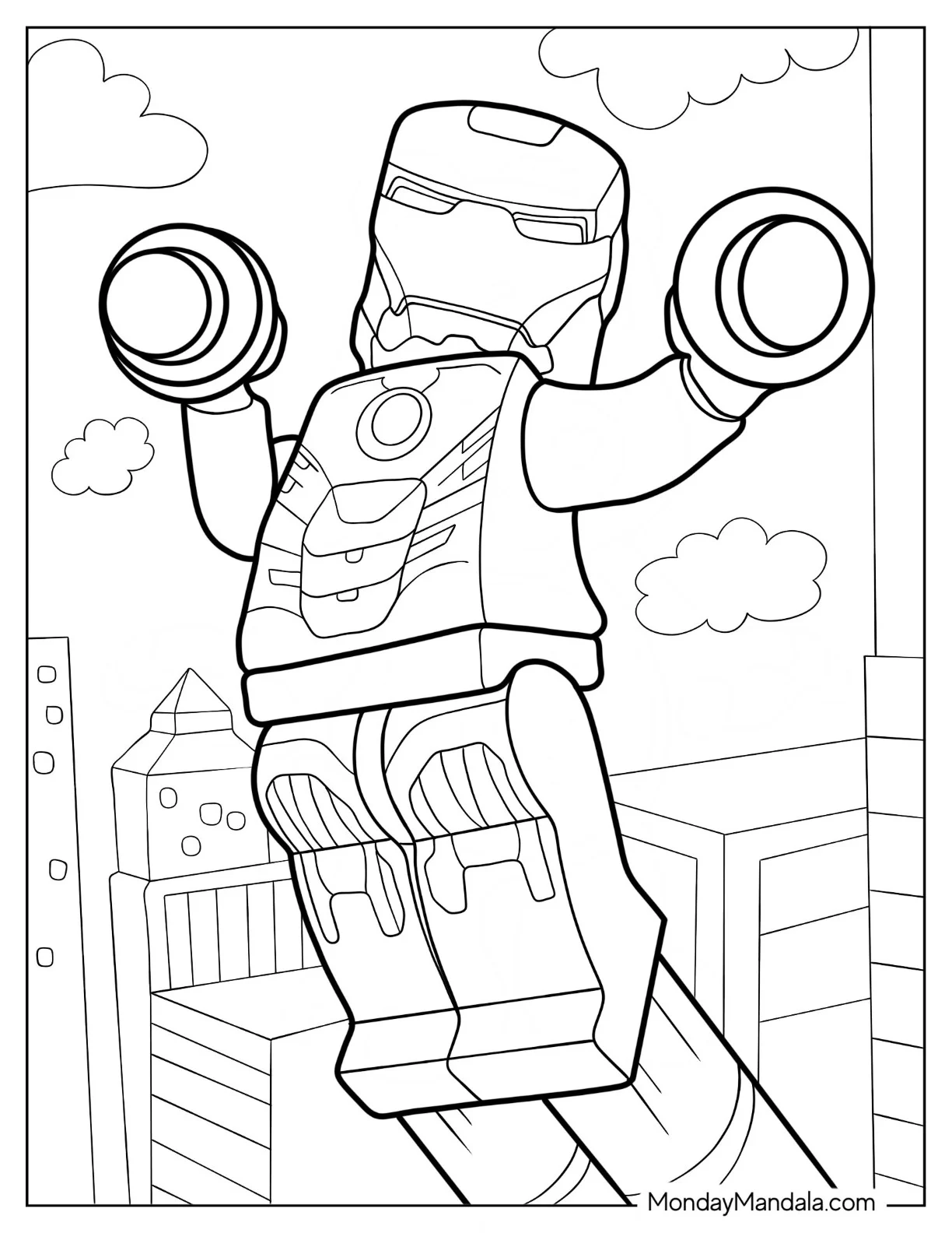 Easy Lego Avengers Coloring Page Of Iron Man Using Thrusters coloring page — printable line art