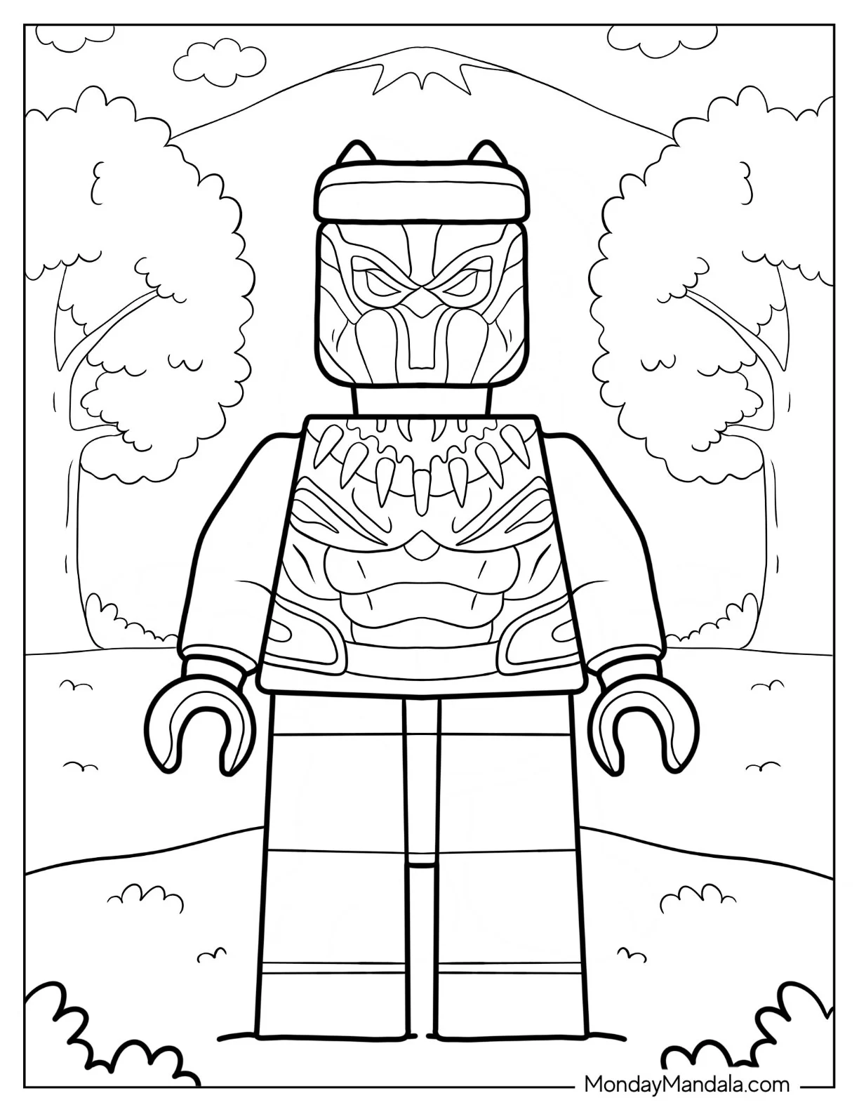 Lego Avengers Coloring Page Of Black Panther In Forest coloring page — printable line art