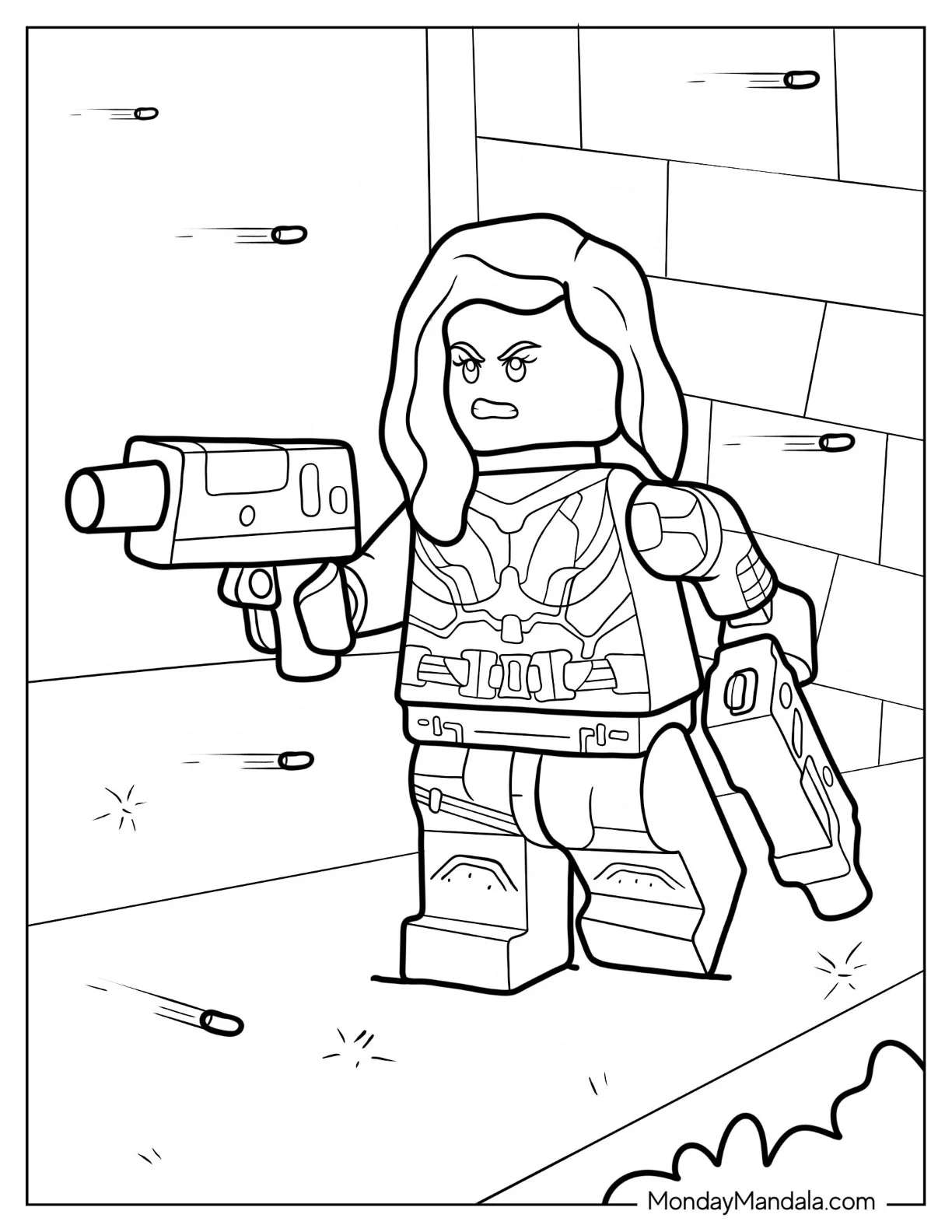 Lego Avengers Coloring Page Of Black Widow Shooting Guns coloring page