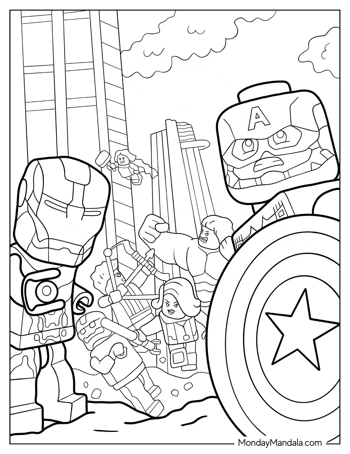 Lego Avengers Coloring Page Of Captain America, Iron Man, Black Widow, Hawkeye, And Thor coloring page — printable line art