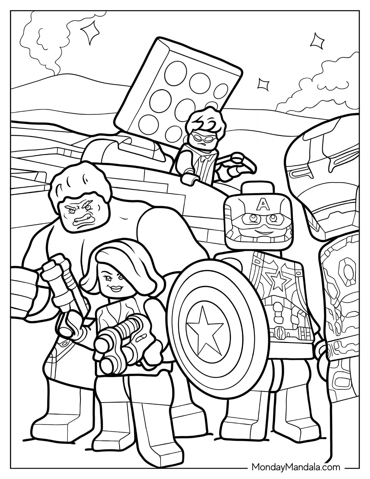 Lego Avengers Coloring Page Of Iron Man, Captain America, Hulk, Black Widow, And Hawkeye coloring page — printable line art