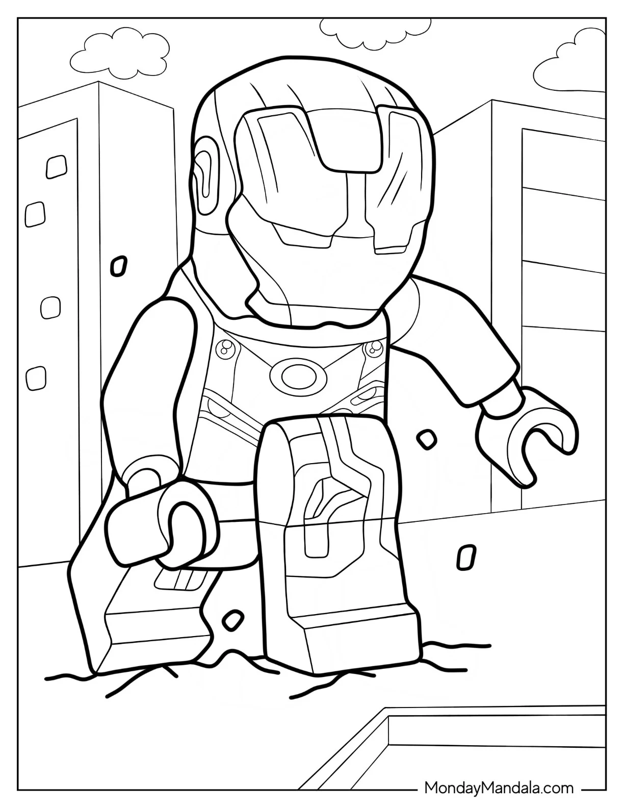 Lego Avengers Coloring Page Of Iron Man Landing On Pavement coloring page