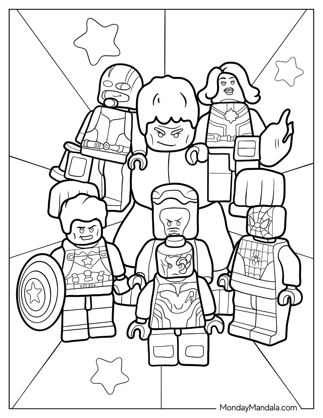 Lego Avengers Coloring Page Of Iron Man, Nebula, Spider Man, Captain America, Black Widow, And Thor coloring page