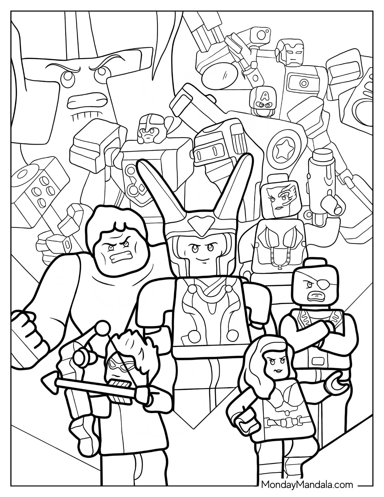 Lego Avengers Coloring Page Of Loki, Hulk, Fury, Black Widow And Other Heroes coloring page
