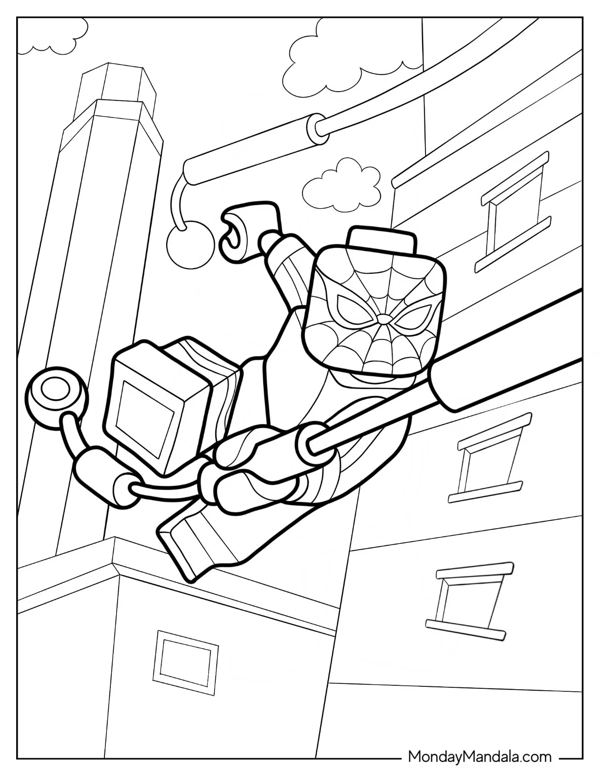 Lego Avengers Coloring Page Of Spider Man Swinging From Building coloring page