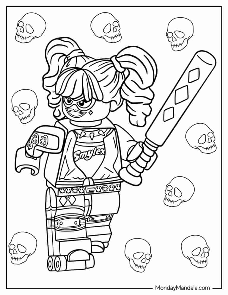 Lego Harley Quinn Holding Baseball Bat coloring page