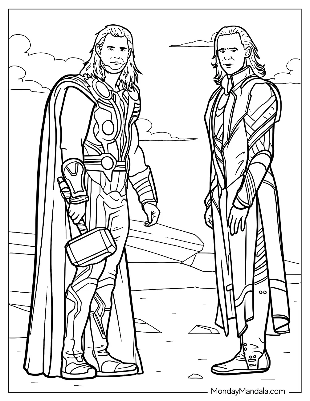 Chris Hemsworth And Tom Hiddleston As Thor And Loki coloring page — printable line art