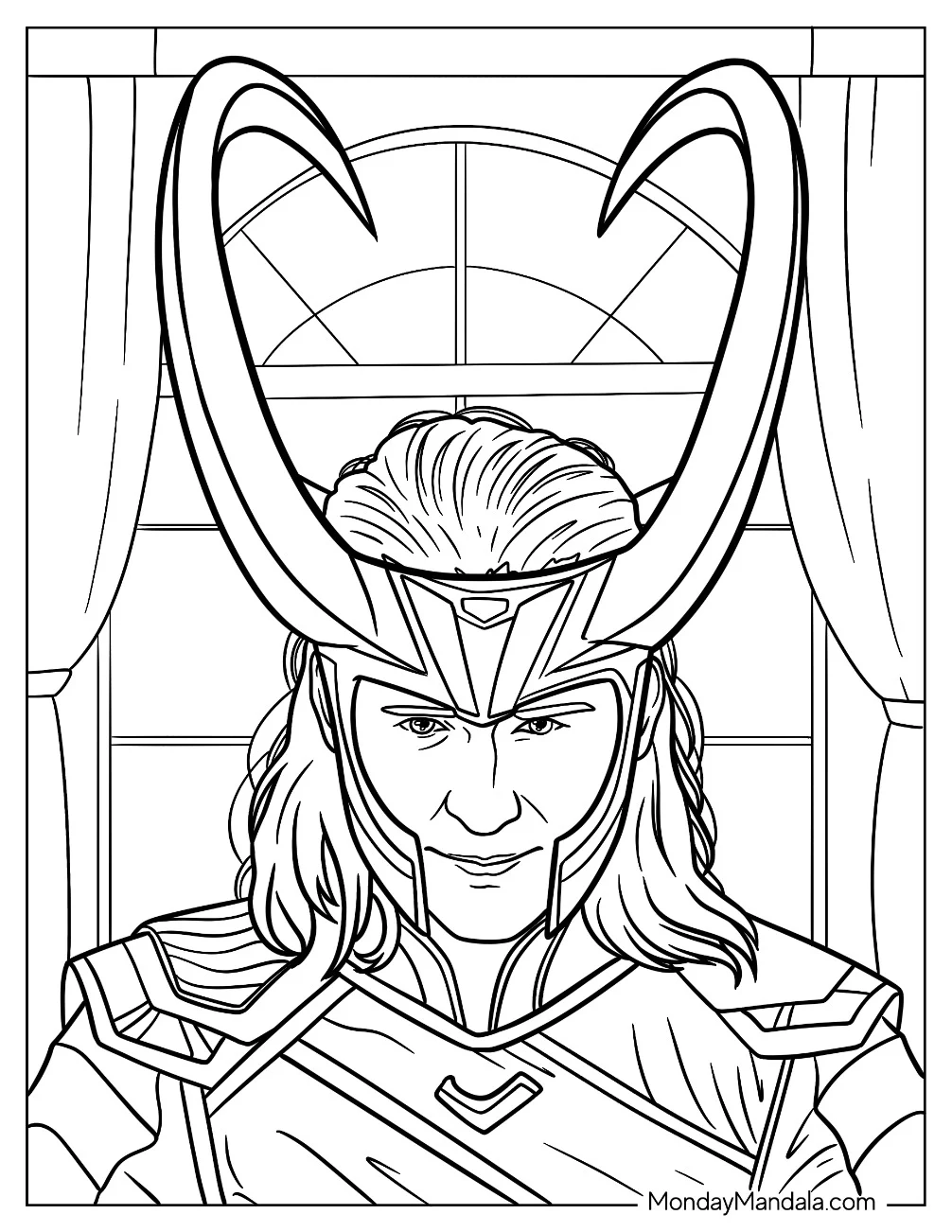 Close Up Of Loki With His Horned Helmet Coloring Sheet coloring page — printable line art
