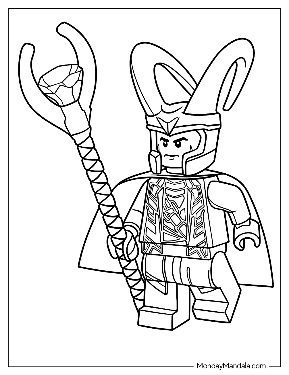 Lego Loki Holding Staff Coloring Page For Preschoolers coloring page
