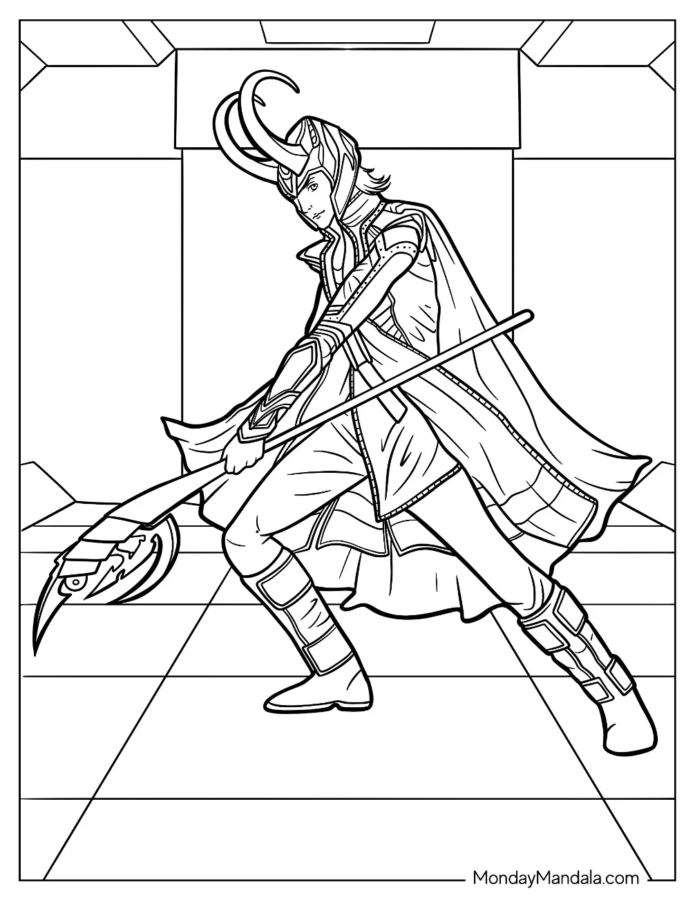 Loki With His Helmet And Scepter Coloring Sheet coloring page