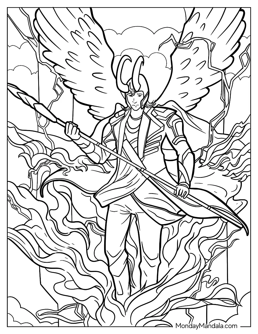 Loki With Wings Surrounded By Electricity coloring page — printable line art