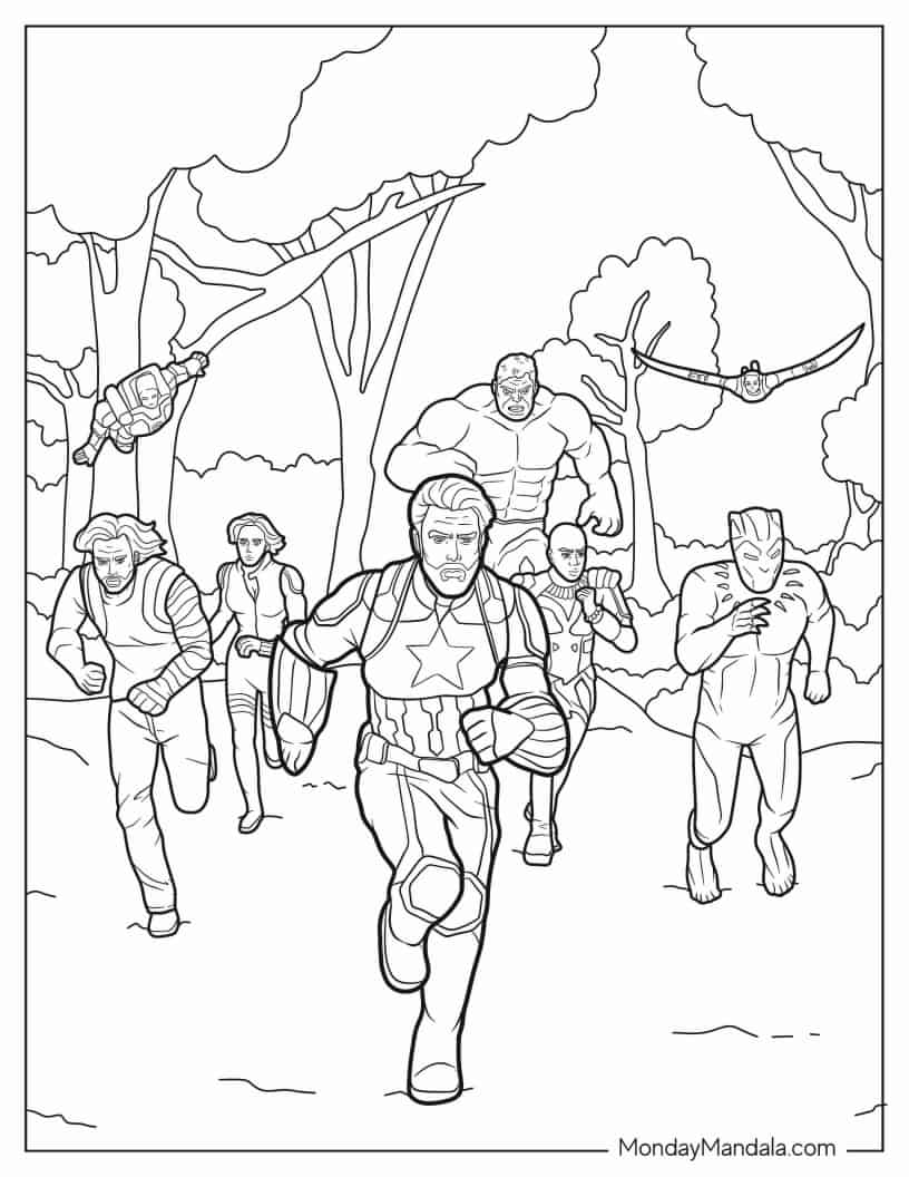 Avengers Running Led By Captain America In Infinity War coloring page