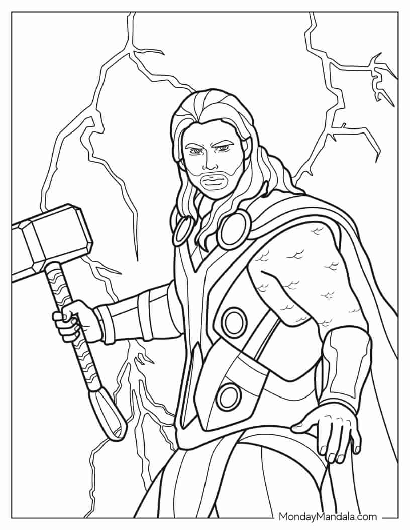 Thor Holding His Hammer To Color coloring page