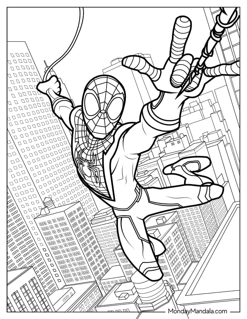 Miles Morales Swinging On Spider Web coloring page
