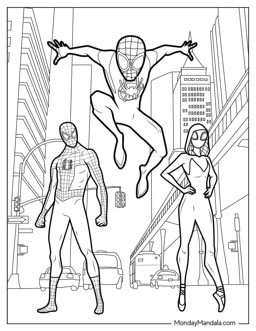 Miles Morales With Spider-Man And Ghost Spider Coloring In coloring page