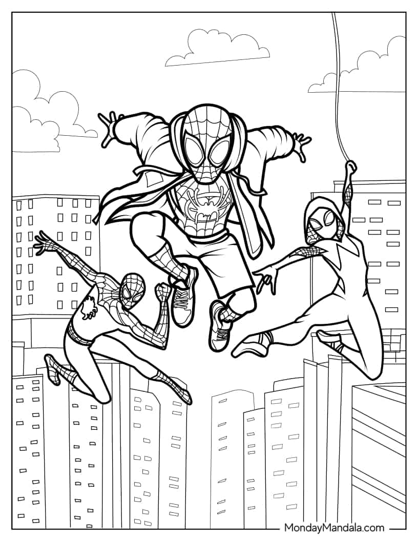 Spider-Man, Miles Morales, And Ghost Spider Coloring Page coloring page