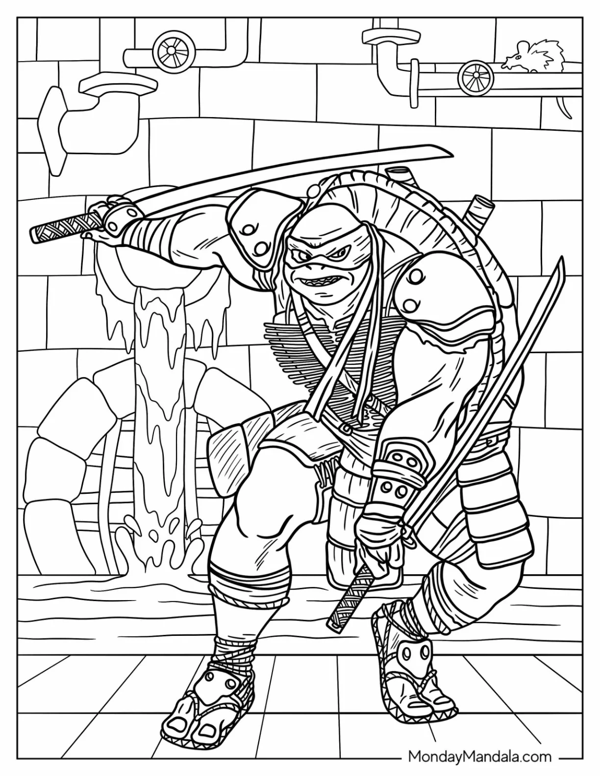 Ninja Turtles Coloring Page Of Adult Leonardo Using Dual Katana In Sewer coloring page