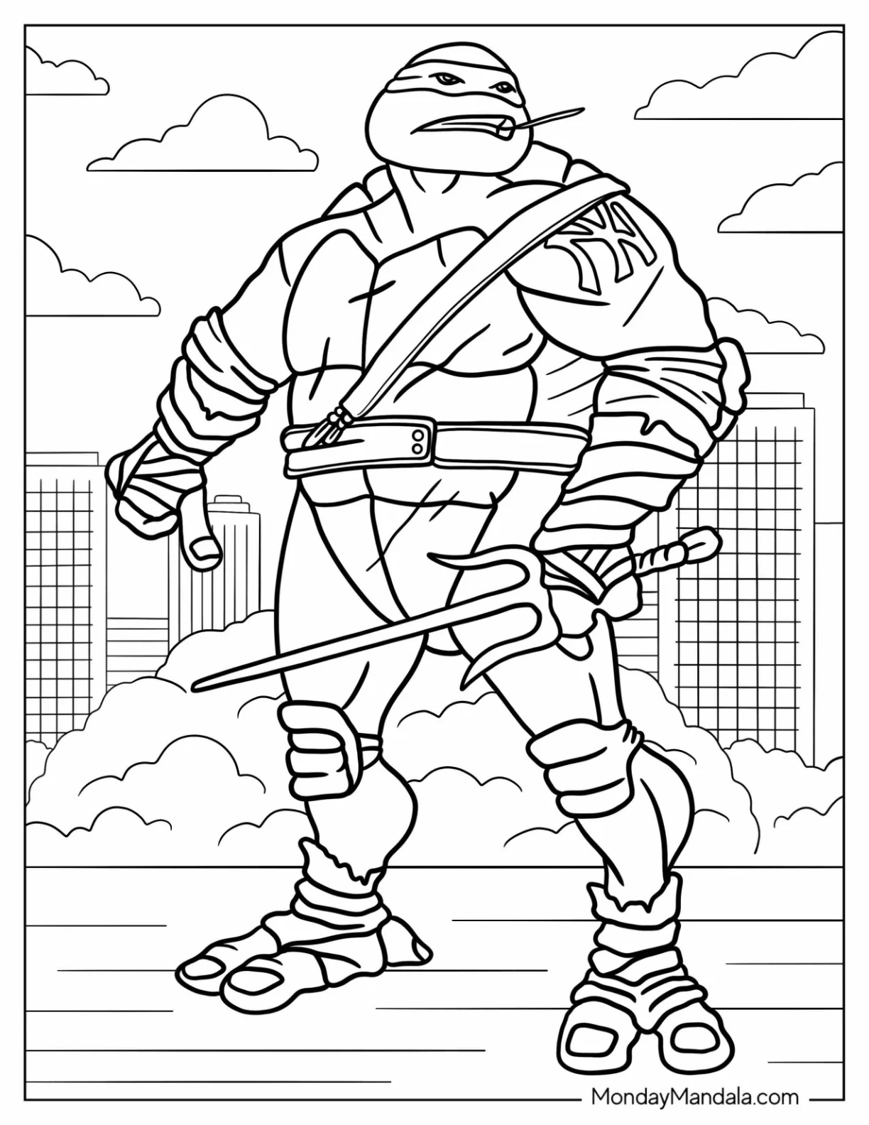 Ninja Turtles Coloring Page Of Angry Raphael Holding Sword On Rooftop coloring page