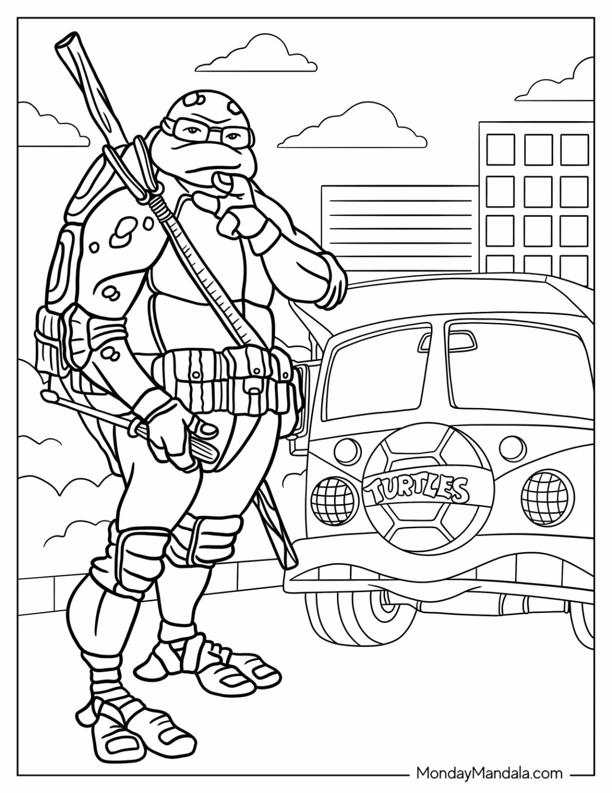 Ninja Turtles Coloring Page Of Donatello Standing In Front Of Turtle Van coloring page
