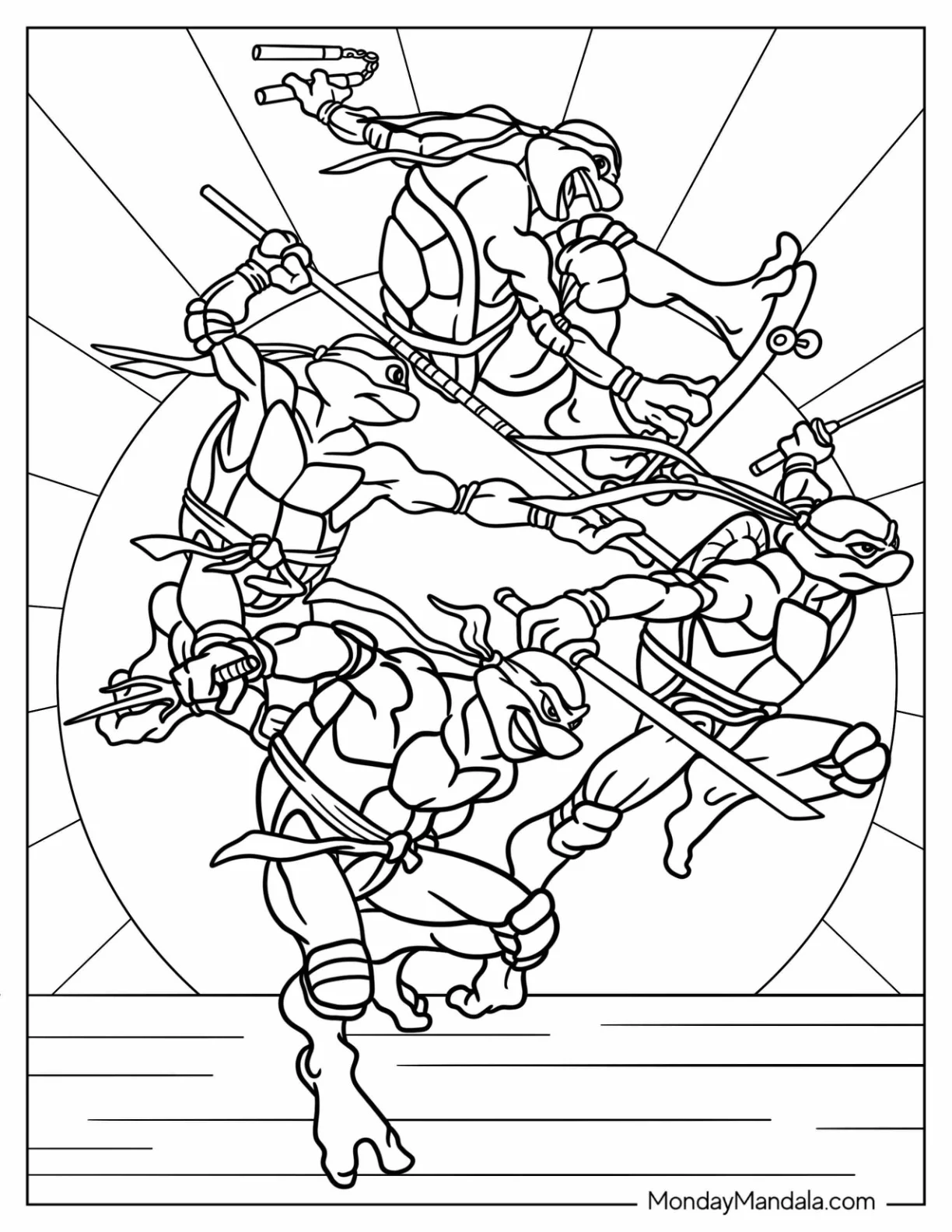 Ninja Turtles Coloring Page Of Leonardo, Donatello, Michelangelo, And Raphael In Fighting Mode coloring page