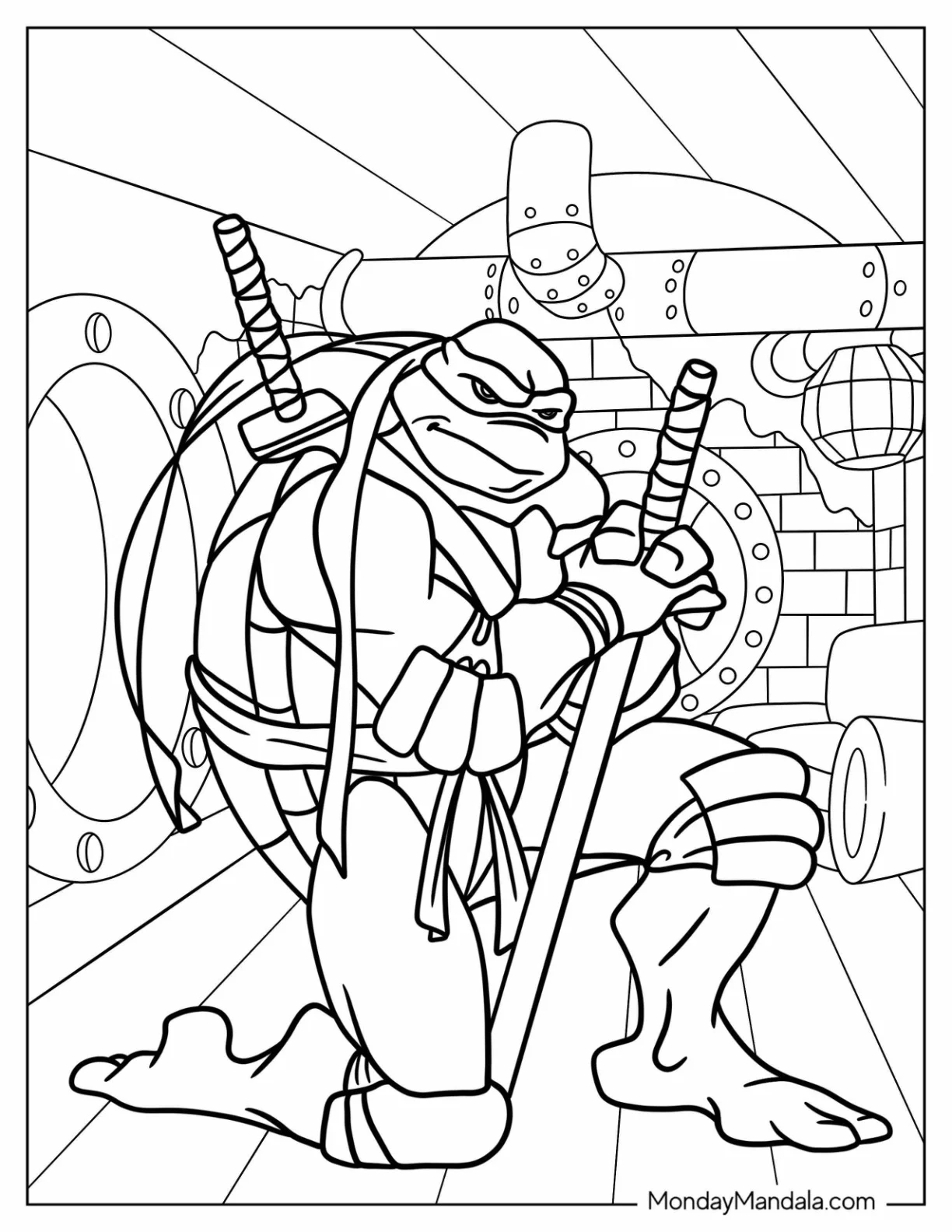Ninja Turtles Coloring Page Of Leonardo Kneeling On Ground While Holding Katana coloring page