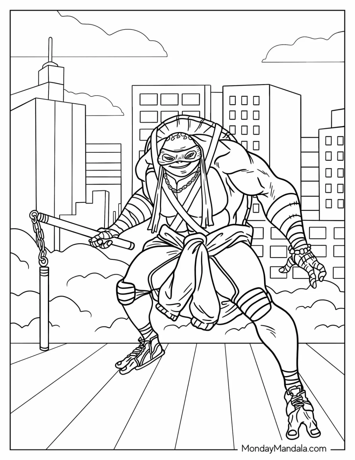 Ninja Turtles Coloring Page Of Michelangelo Using Nunchucks In City coloring page